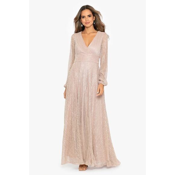 Betsy & Adam Champagne Metallic Long Sleeve Gown Size 16 NWT - Picture 1 of 11